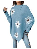 Suéter Poncho MakeMechic de gola alta em malha floral azul para mulheres