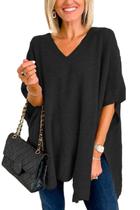 Suéter poncho, xales tricotados com pinos, decote em V, solto, feminino