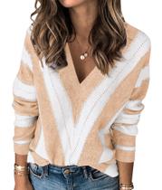 Suéter PRETTYGARDEN 2025 con Cuello en V y Rayas Beige XXL