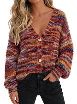 Suéter PRETTYGARDEN 2025 Listrado com Gola V e Botões Oversized Suéter PRETTYGARDEN 2025 Listrado com Gola V e Botões Oversized