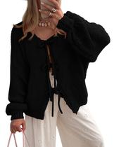 Suéter PRETTYGARDEN com Laço Frontal, Mangas Bufantes, Preto, M