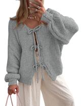Suéter PRETTYGARDEN com Laço Frontal, Tricô Grosso, Cinza Claro, Tamanho S