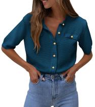 Suéter PRETTYGARDEN de Tricô Canelado com Botões Azul Escuro P