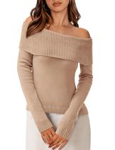 Suéter PRETTYGARDEN Ombro a Ombro Manga Longa Camel Claro XXL Suéter PRETTYGARDEN Ombro a Ombro Manga Longa Camel Claro XXL