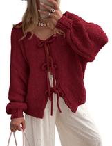 Suéter PRETTYGARDEN Vermelho Vinho com Amarração Frontal e Mangas Bufantes XL Suéter PRETTYGARDEN Vermelho Vinho com Amarração Frontal e Mangas Bufantes XL