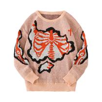 Suéter Pullover Em Jacquard Com Formato De Osso, Gola Redonda, Cores Contrastantes, Tricô Casual