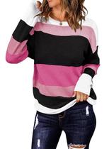 Suéter QACOHU listrado de malha solta para mulheres rosa M Suéter QACOHU listrado de malha solta para mulheres rosa M