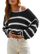 Suéter recortado Balimtoy feminino listrado de manga comprida preto GG