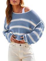 Suéter recortado Balimtoy leve listrado azul para mulheres Suéter recortado Balimtoy leve listrado azul para mulheres