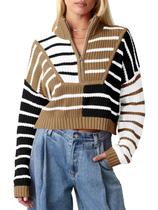 Suéter recortado Saodimallsu Color Block listrado para mulheres