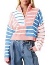 Suéter recortado Saodimallsu Color Block listrado para mulheres