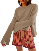 Suéter RIATOUR Bell de manga comprida com gola redonda para mulheres Khaki-XS