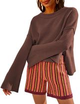 Suéter RIATOUR Bell de manga comprida com gola redonda para mulheres, marrom