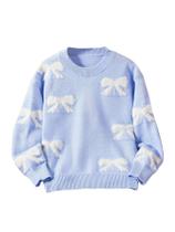 Suéter RoseSeek, estampado com laço, gola redonda, azul, 6 anos Suéter RoseSeek, estampado com laço, gola redonda, azul, 6 anos