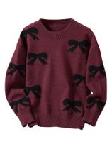 Suéter RoseSeek, estampado com laço, gola redonda, malha bordô, 15Y