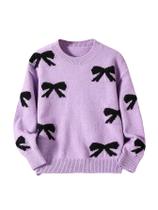 Suéter RoseSeek, estampado com laço, gola redonda, roxo, 12G