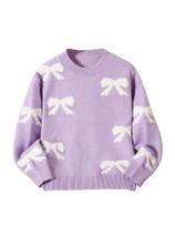 Suéter RoseSeek, estampado com laço, gola redonda, roxo, 15 anos