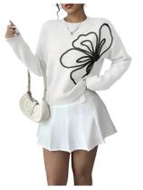 Suéter RoseSeek feminino, apliques florais 3D, tricotado, branco, preto Suéter RoseSeek feminino, apliques florais 3D, tricotado, branco, preto