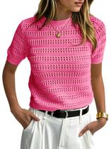Suéter Saodimallsu Feminino de Crochê, Manga Curta, Rosa-Choque Suéter Saodimallsu Feminino de Crochê, Manga Curta, Rosa-Choque