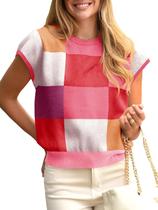 Suéter Saodimallsu feminino de manga curta, bloco colorido Suéter Saodimallsu feminino de manga curta, bloco colorido