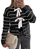 Suéter Saodimallsu listrado com gravata frontal feminina preta Suéter Saodimallsu listrado com gravata frontal feminina preta