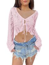 Suéter Shrug Saodimallsu, crochê, gravata frontal, rosa sino