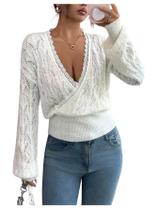 Suéter SOLY HUX de renda com decote em V, crochê, pulôver branco Suéter SOLY HUX de renda com decote em V, crochê, pulôver branco