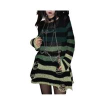 Suéter Unissex Gótico Punk Longo Com Listras, Vazado E Rasgado, Estilo Rock Dark Streetwear Solto