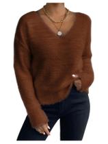 Suéter Verdusa Fuzzy Cozy com decote em V sem ombro marrom XS feminino