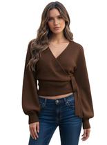 Suéter Wrap Lomehue, decote em V, cintura apertada, cardigã, marrom