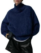 Suéter Wyeysyt, gola alta, malha felpuda, tamanho grande, azul marinho para mulheres Suéter Wyeysyt, gola alta, malha felpuda, tamanho grande, azul marinho para mulheres