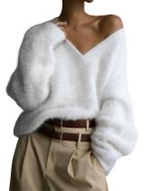 Suéter Yimoon Fuzzy com decote em V e manga comprida para mulheres branco-GG
