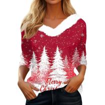 Suéteres de Natal COTECRAM femininos de manga 3/4 com decote em V plus size