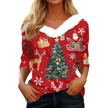 Suéteres de Natal para mulheres COTECRAM, manga 3/4, decote em V, vermelhos