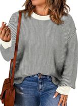 Suéteres Eytino para mulheres tamanho grande, manga comprida, gola redonda, cinza