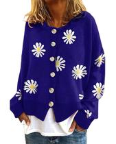 Suéteres femininos fofos Daisy Flower, manga comprida, estéticos, coloridos, estampados, cortados, com botões, frente aberta, roupas de suéter vintage de malha plus size