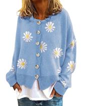 Suéteres femininos fofos Daisy Flower, manga comprida, estéticos, coloridos, estampados, cortados, com botões, frente aberta, roupas de suéter vintage de malha plus size