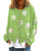 Suéteres femininos fofos Daisy Flower, manga comprida, estéticos, coloridos, estampados, cortados, com botões, frente aberta, roupas de suéter vintage de malha plus size