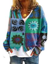 Suéteres femininos fofos de flores, manga comprida, estéticos, estampados coloridos, cortados, com botões, frente aberta, roupas de suéter vintage de malha plus size Suéteres femininos fofos de flores, manga comprida, estéticos, estampados coloridos, cortados, com botões, frente aberta, roupas de suéter vintage de malha plus size