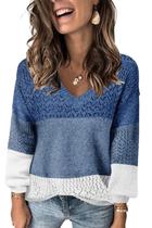 Suéteres femininos JOCAFIYE com decote em V, manga comprida, malha oca, azul