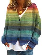 Suéteres femininos listrados fofos, manga comprida, estéticos, estampados coloridos, cortados, com botões, frente aberta, roupas de suéter vintage de malha plus size