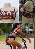 Sultã/Top de Alça em Tecido Afro em Algodão na Cor Samakaka/Preto e Detalhe em Lycra Sultã/Top de Alça em Tecido Afro em Algodão na Cor Samakaka/Preto e Detalhe em Lycra