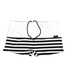 Sunga adulto boxer branco e listra preto com branco