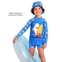 Sunga Boxer e Camiseta Proteção UV50+ Infantil Marujos e Sereias Estampa Tubarão Surfista