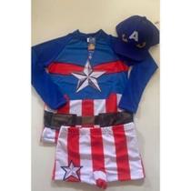 Sunga infantil + Camisa UV + Boné - Conjunto UV para meninos Capitão America - Praia