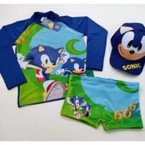 Sunga infantil + Camisa UV + Boné - Proteção Solar UV 50 - Conjunto UV para meninos Sonic - Praia