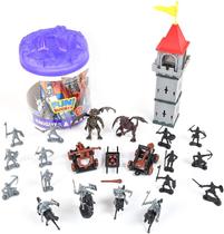 Sunny Days Entertainment Knights and Dragons Figures in Bucket 42 Assorted Soldiers and Accessories Toy Play Set for Kids, Boys and Girls Estatuetas de fantasia de plástico com recipiente de armazenamento