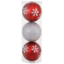 Sunnydaze 3-Count 6-Inch Shatterproof Christmas Ball Ornaments with Hooks - Brilho e Brilho Bauble Style Tree Decorations Set for Holiday Decor and Gatherings - Vermelho / Prata