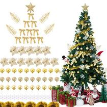 Sunnyglade 94 PCS Enfeites de árvore de Natal Conjunto com purpurina Poinsettia, arcos, fitas, folhas e bola de decoração sortida para decorações de festa de casamento de Natal de férias da árvore de Natal (dourado)