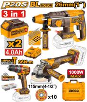 Super Combo 3 em 1 Ingco Bateria 20v COSLI241198-9 Furadeira + Martelete + Lixadeira